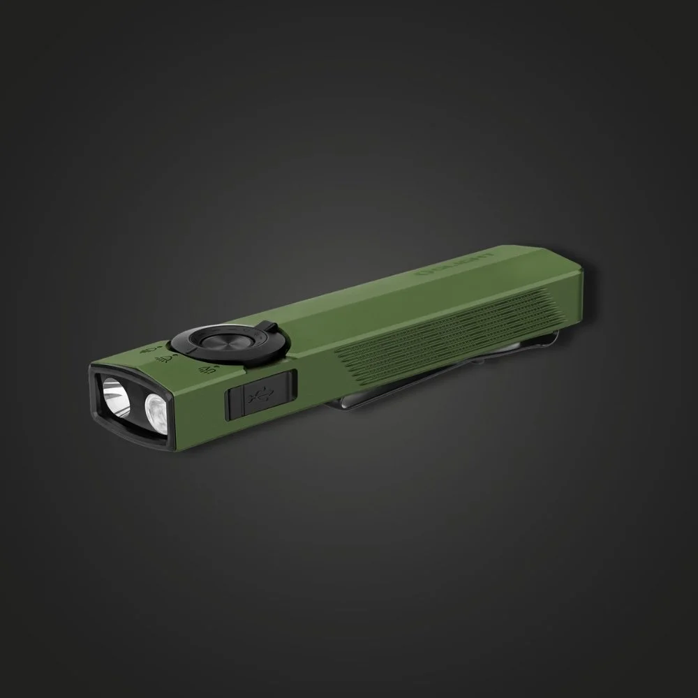 Olight ArkPro at an angle showing the spot and flood LEDs