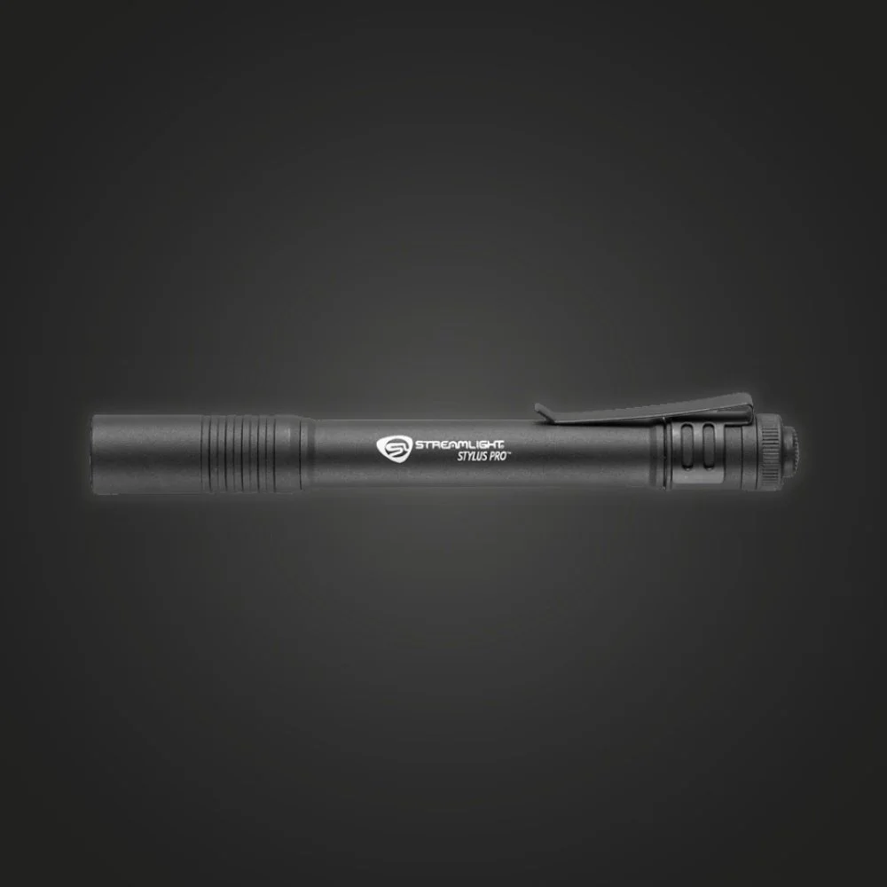 Side view of the Streamlight Stylus Pro penlight with its pocket clip and Stylus Pro logo