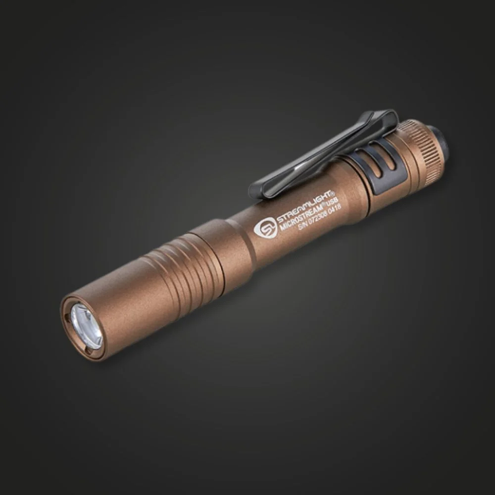 Streamlight MicroStream USB flashlight in coyote tan with pocket clip