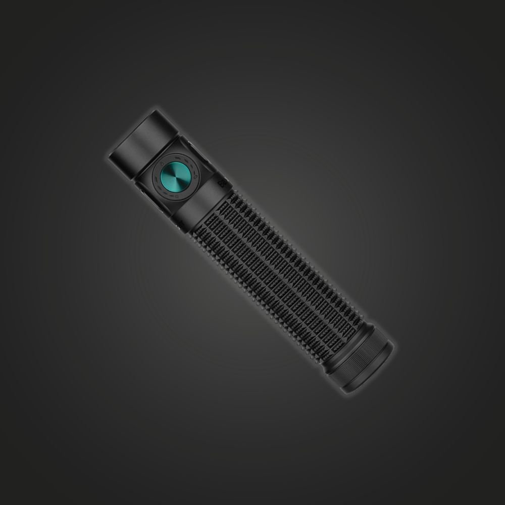 Olight Baton 4 Pro flashlight in matte black, top view showing the side switch