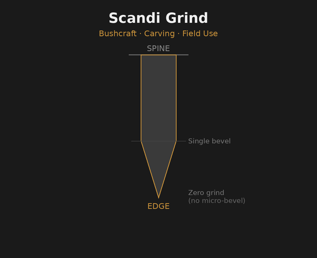 Cross-section diagram of a Scandi grind knife blade showing a single flat bevel with no micro-bevel or secondary edge, commonly used for bushcraft, carving, and field knives.