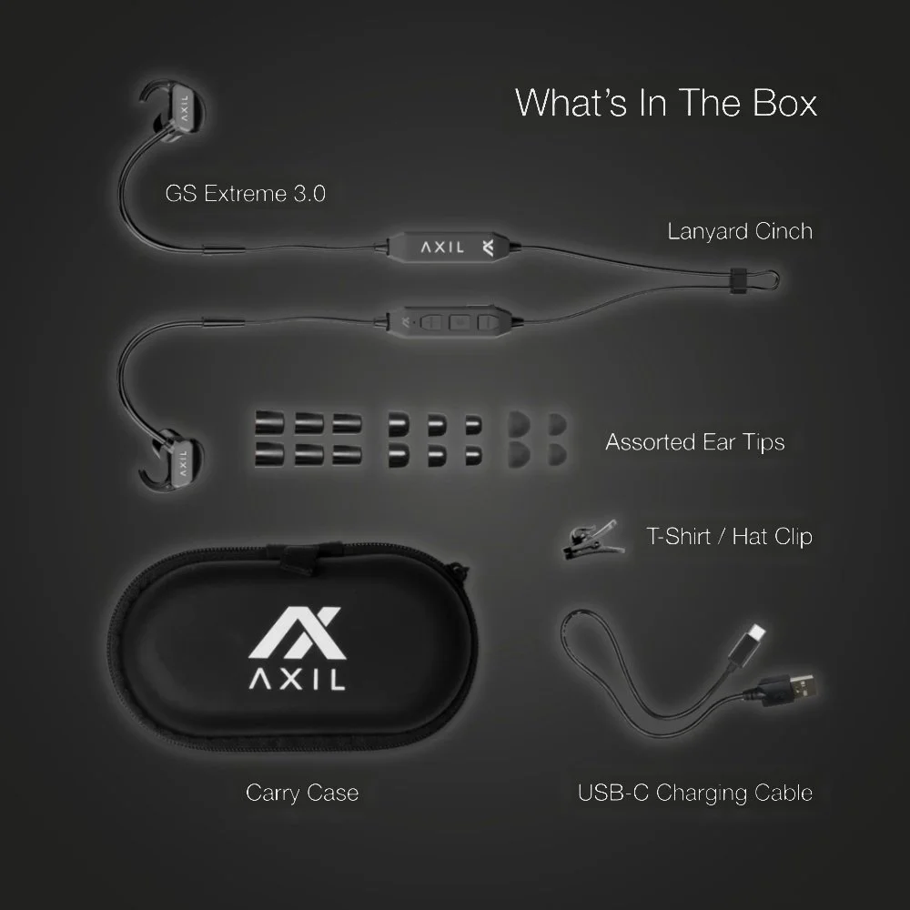 AXIL GS Extreme 3.0 earbuds, ear tips, hat clip, carry case, and USB-C cable laid out