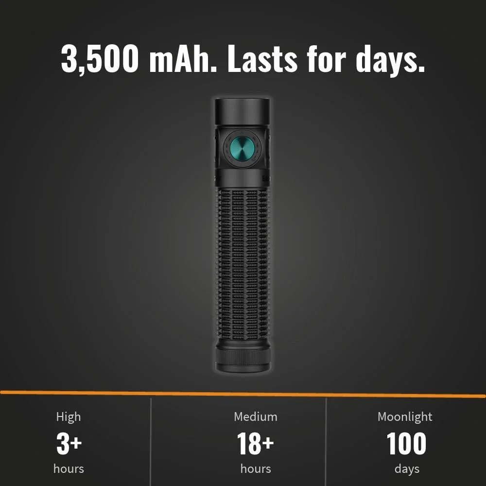 Olight Baton 4 Pro runtime: 3+ hours High, 18+ hours Medium, 100 days Moonlight