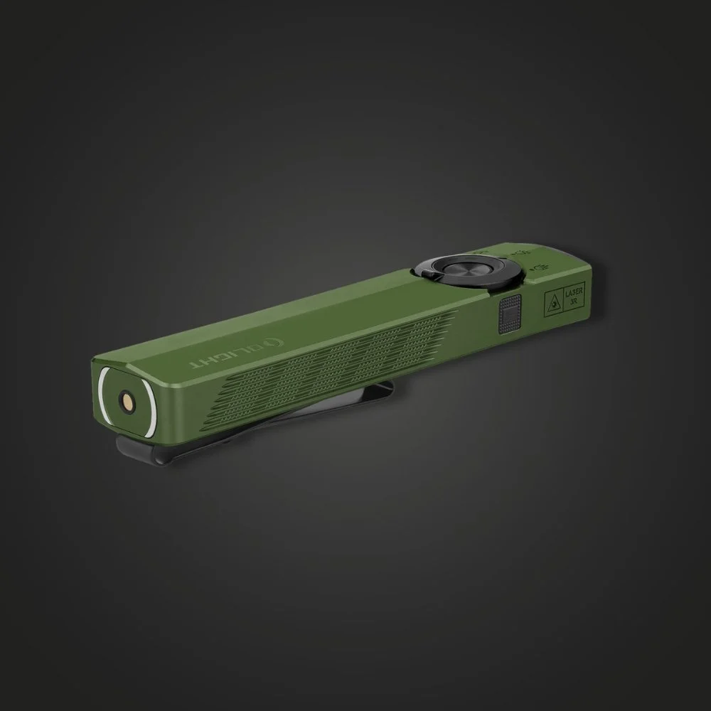 Side view of the Olight ArkPro showing the pocket clip and charging end