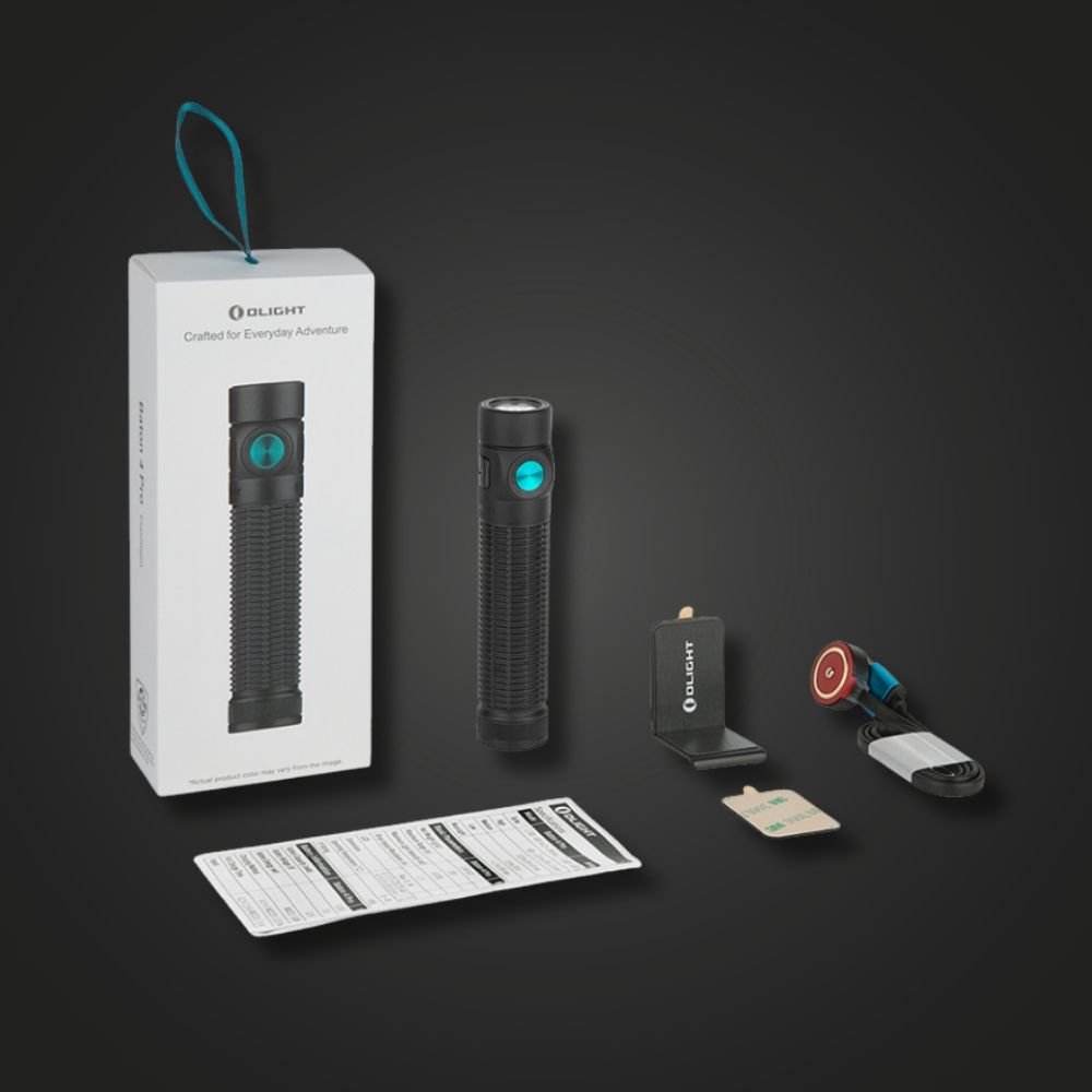 Olight Baton 4 Pro with battery, magnetic cable, L-bracket, and box