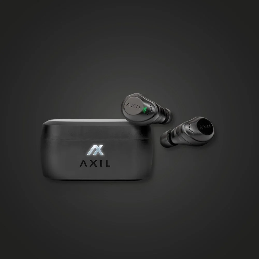 AXIL XCOR Pro wireless hearing protection earbuds next to their charging case