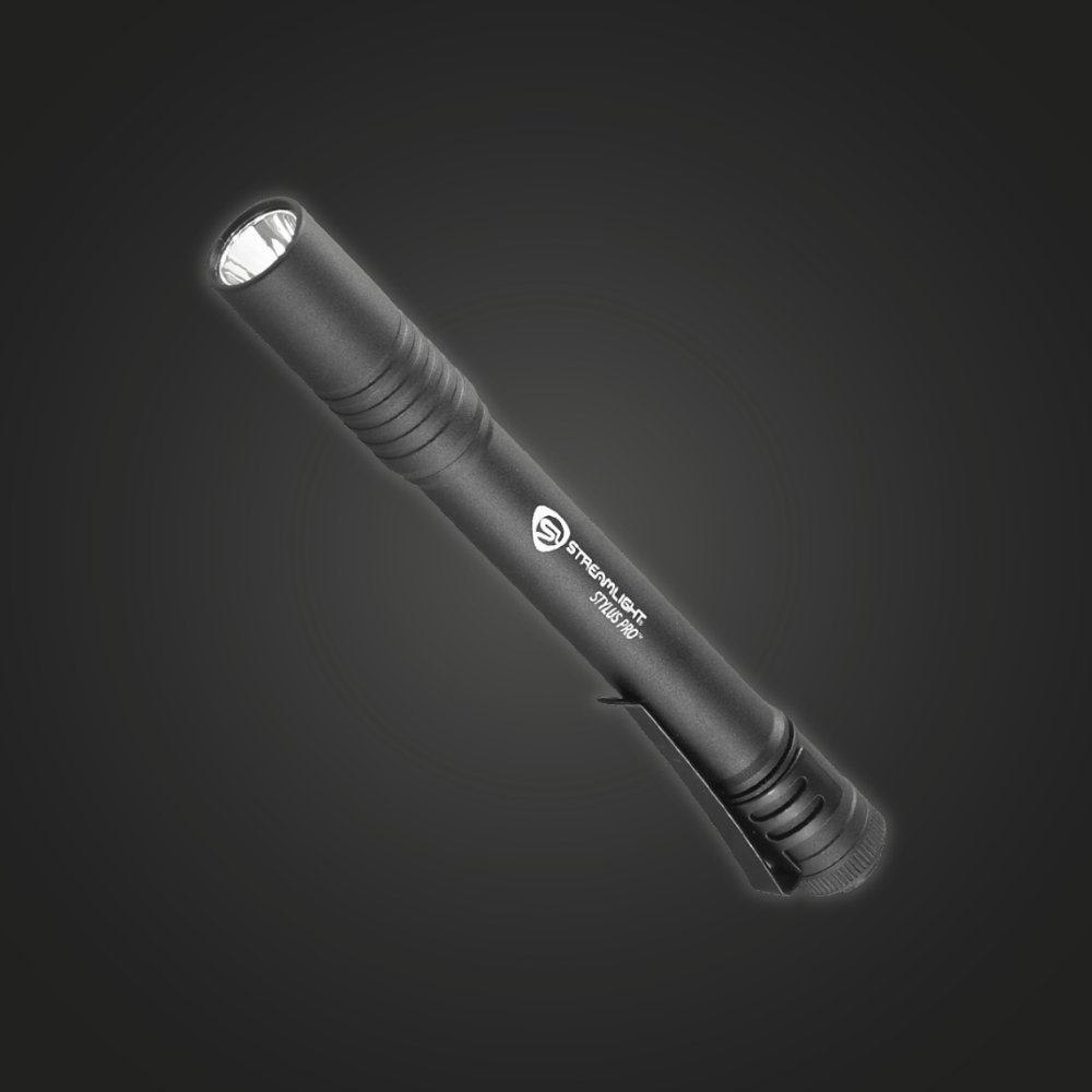 Streamlight Stylus Pro black aluminum penlight shown at an angle with the LED lens facing forward