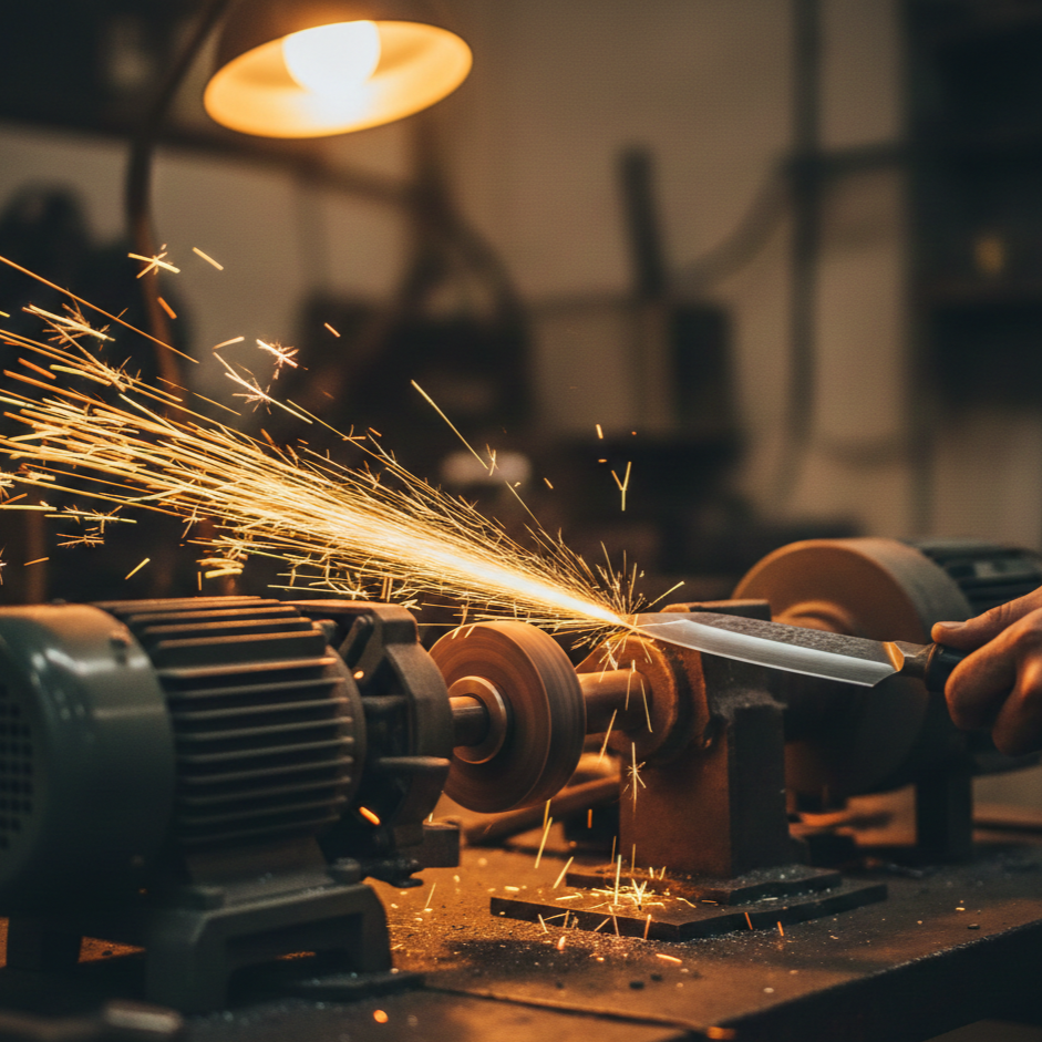 Knife blade being ground on a bench grinder in a workshop, with sparks flying from the steel edge