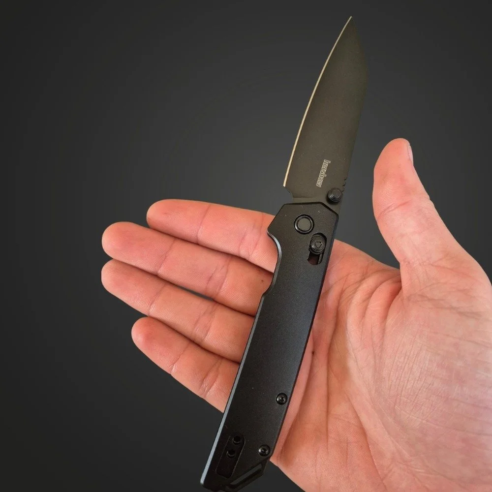 Kershaw Iridium Reverse Tanto held open in an open palm