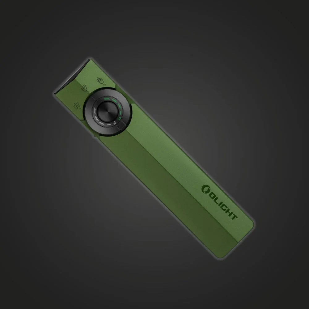 Olight ArkPro flashlight in OD Green, top view showing the rotary dial
