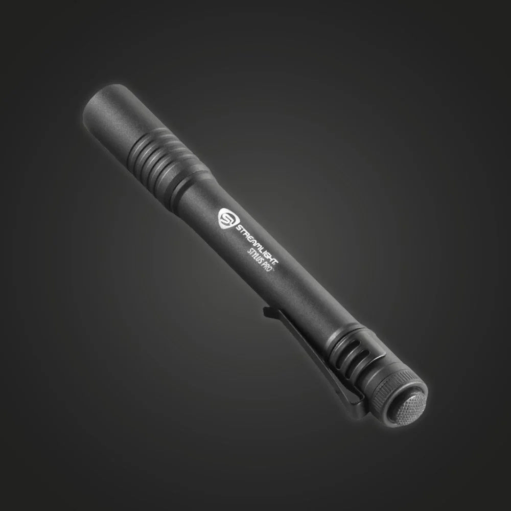 Streamlight Stylus Pro penlight showing the pocket clip and knurled tail cap push button
