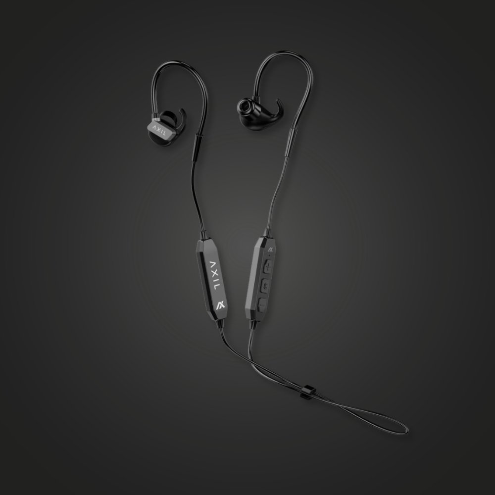 AXIL GS Extreme 3.0 hearing protection earbuds with ear hooks, lanyard, and control pods