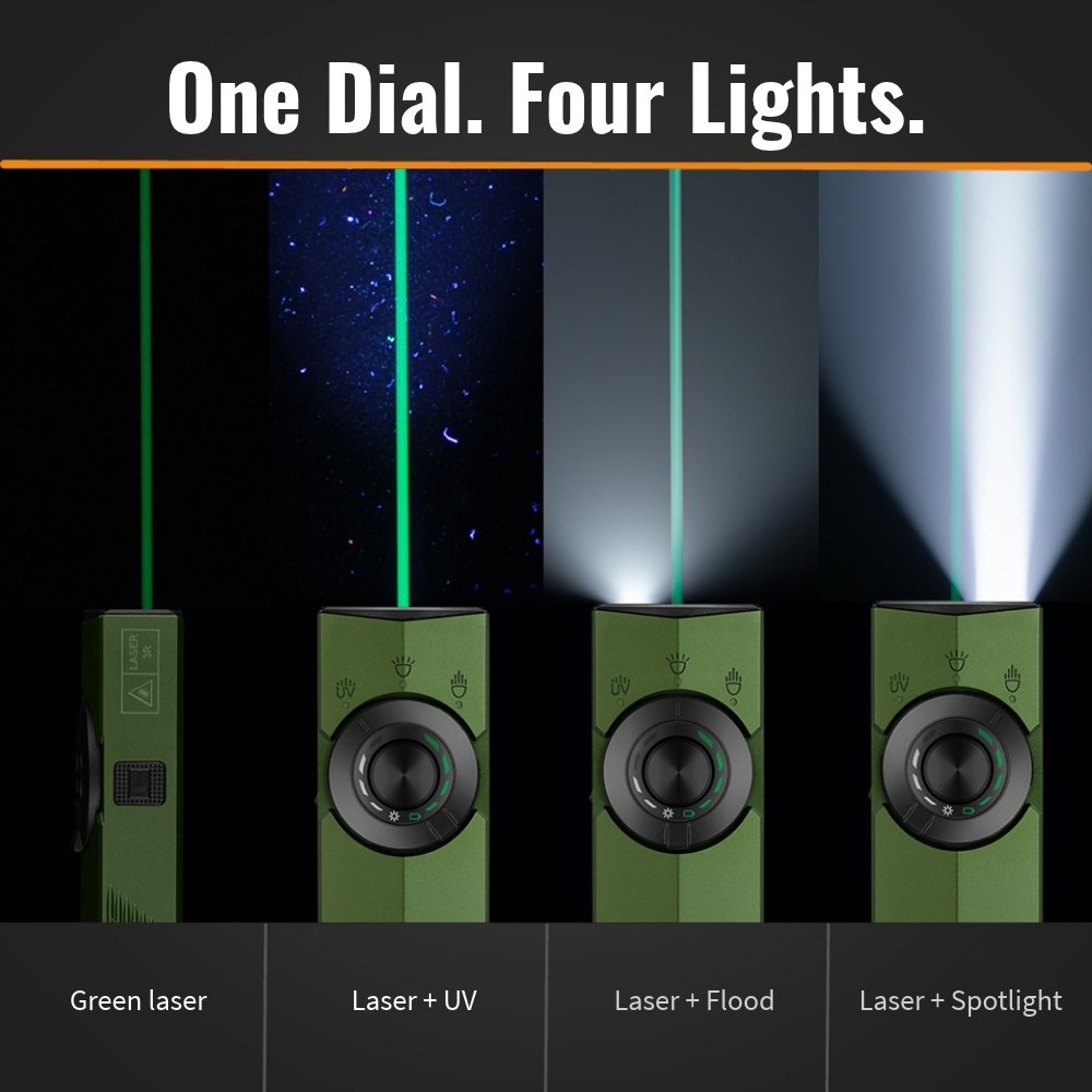 Olight ArkPro green laser shown alone and with UV, flood, and spot beams