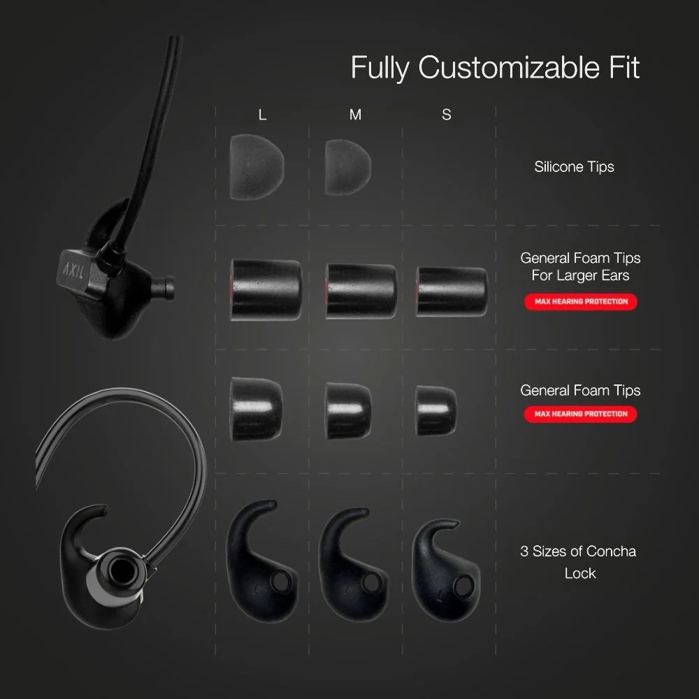 AXIL GS Extreme 3.0 silicone tips, foam tips, and concha locks in small, medium, and large