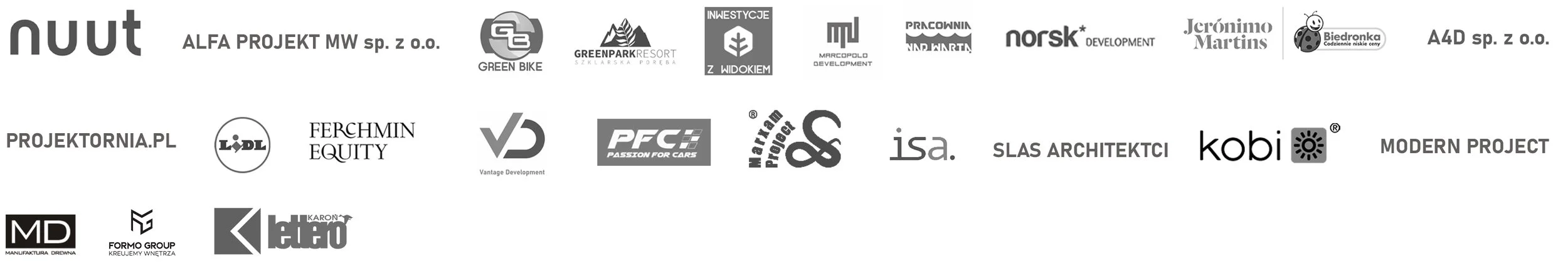 Collection of various logos for companies and brands related to construction, architecture, and development projects, including NUUT, Green Bike, Greenpark Resort, and others in black and white.