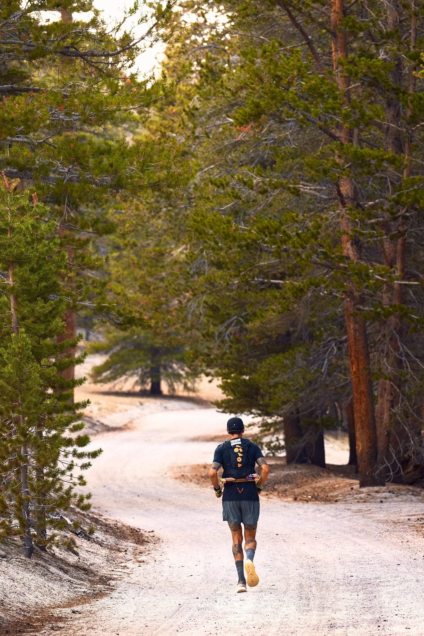A person with tattoos running on a dirt trail through a forest of tall pine trees during daytime.