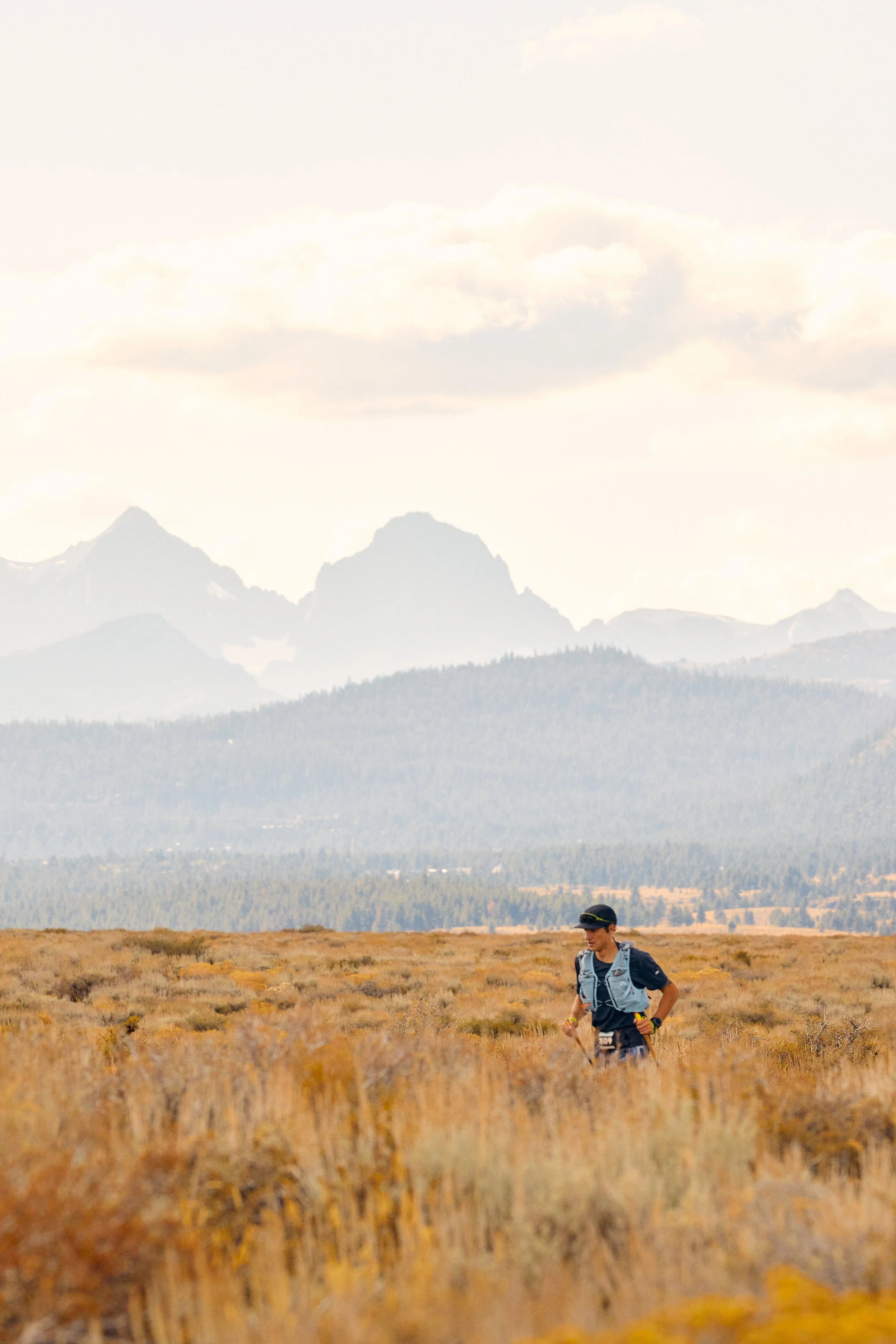 A person running through a field of tall, golden grass with a mountainous landscape in the background, under a partly cloudy sky.