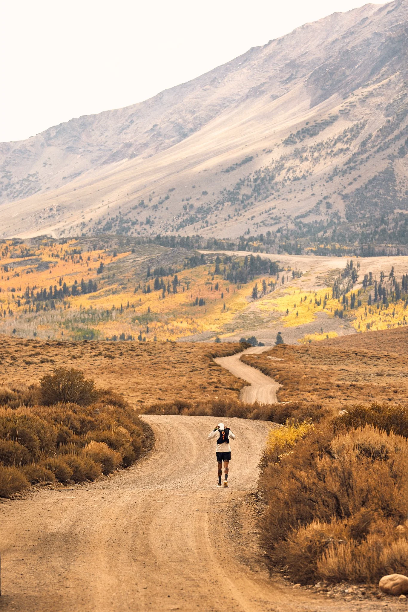 A person walking down a winding dirt trail through a mountainous landscape with autumn-colored shrubbery and trees.