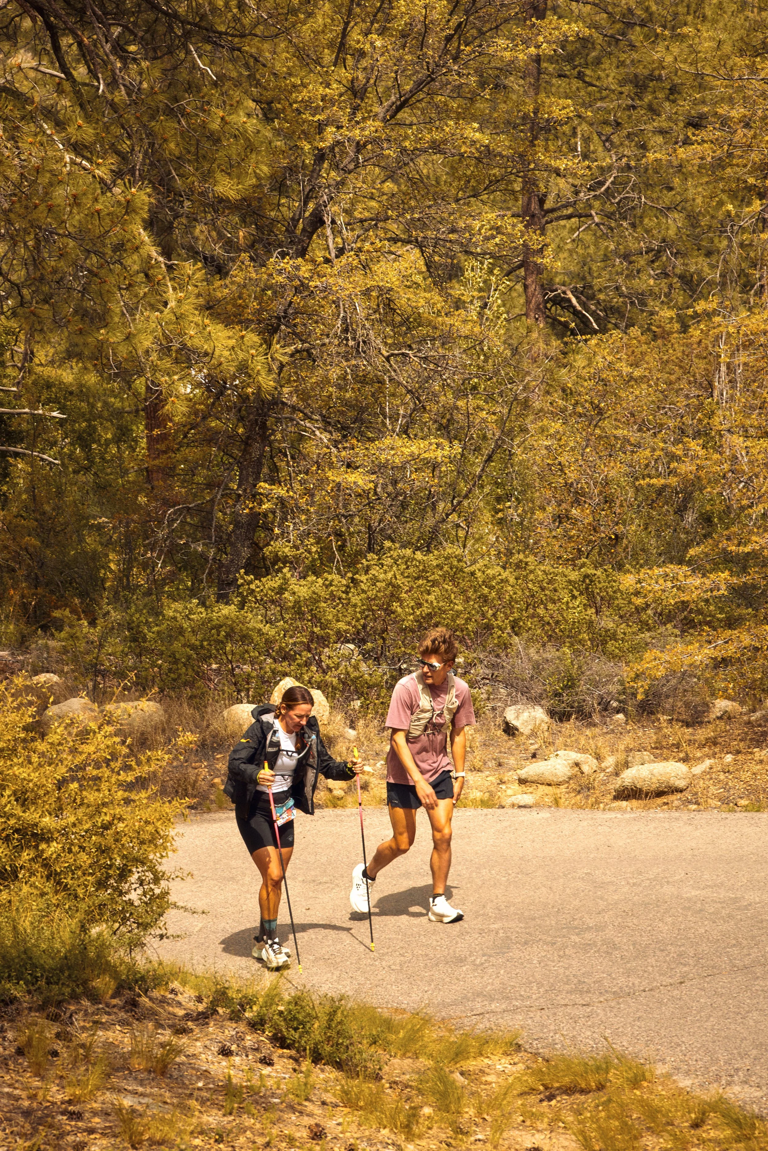 Two hikers walking on a trail in a forest during autumn, surrounded by yellow and green trees and rocks.