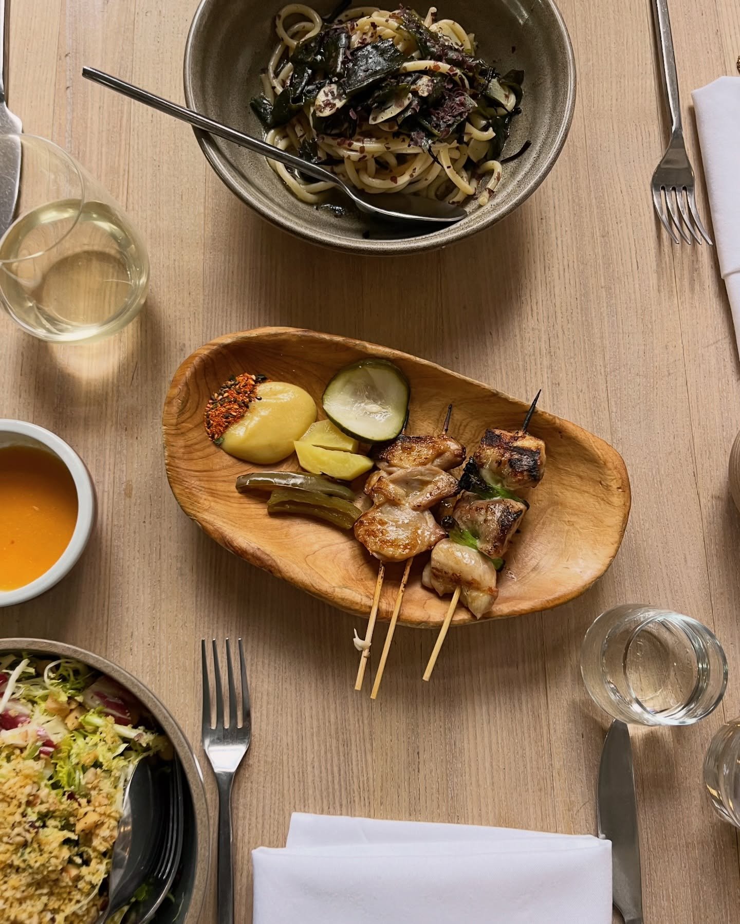 Yakitori 🙂&zwj;↕️ 

big fan of the mustard included. I would love if that could be the norm. Chicories salad was absolutely delightful, with panko, Parmesan, capers AND crushed hazelnuts. They know me so well.

Some sort of honey crisp custard with 