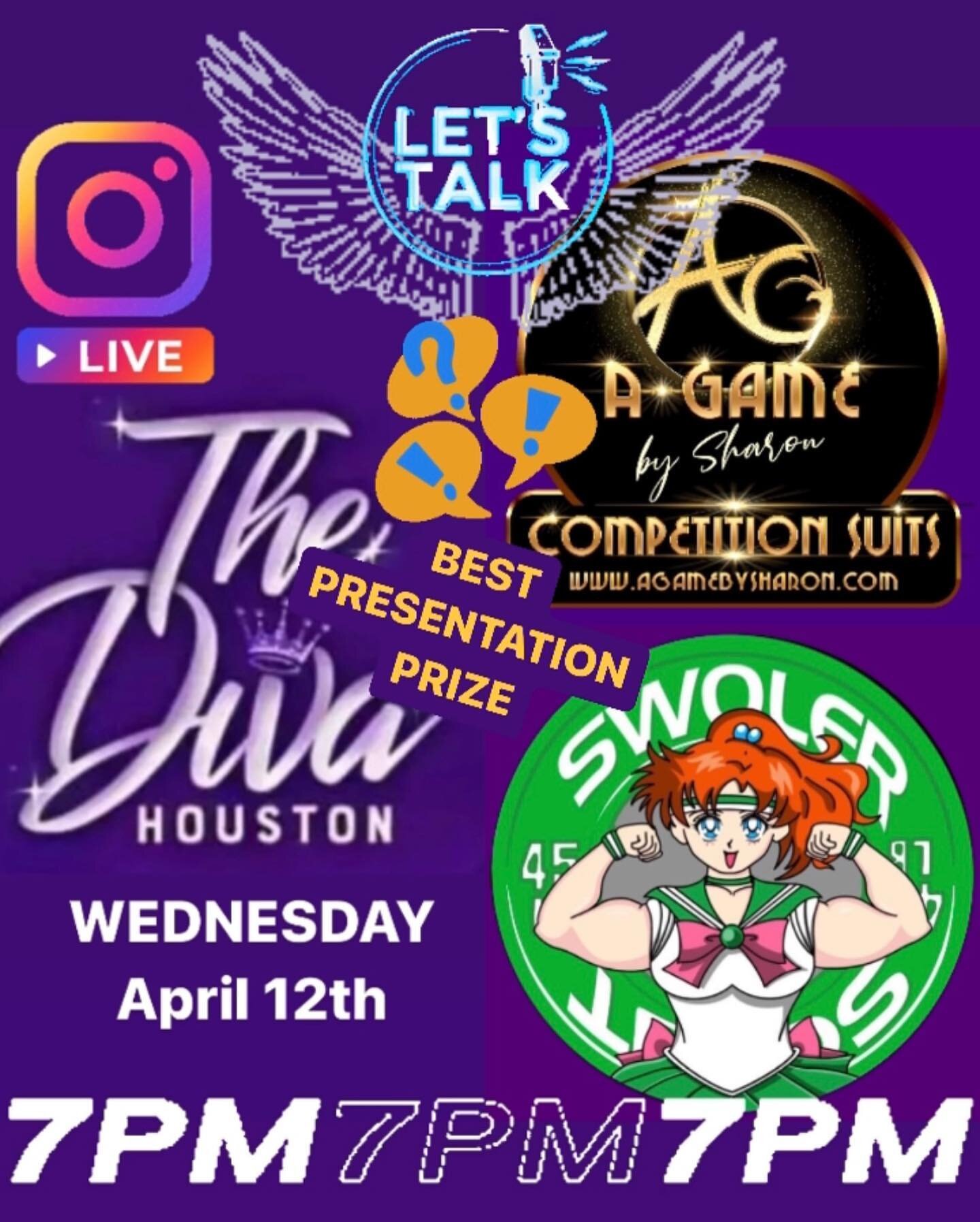 LIVE ON INSTAGRAM‼️ Wednesday April 12th 7pm with @the_diva_houston @agame_by_sharon @swolerscout 
🗣️ON-X Naturals Diva Houston Show JUNE 10th
🗣️Designer Collab under A-Game by Sharon with SwolerScout
🗣️WINGS DIVISION (aka Angels Division w/otger 