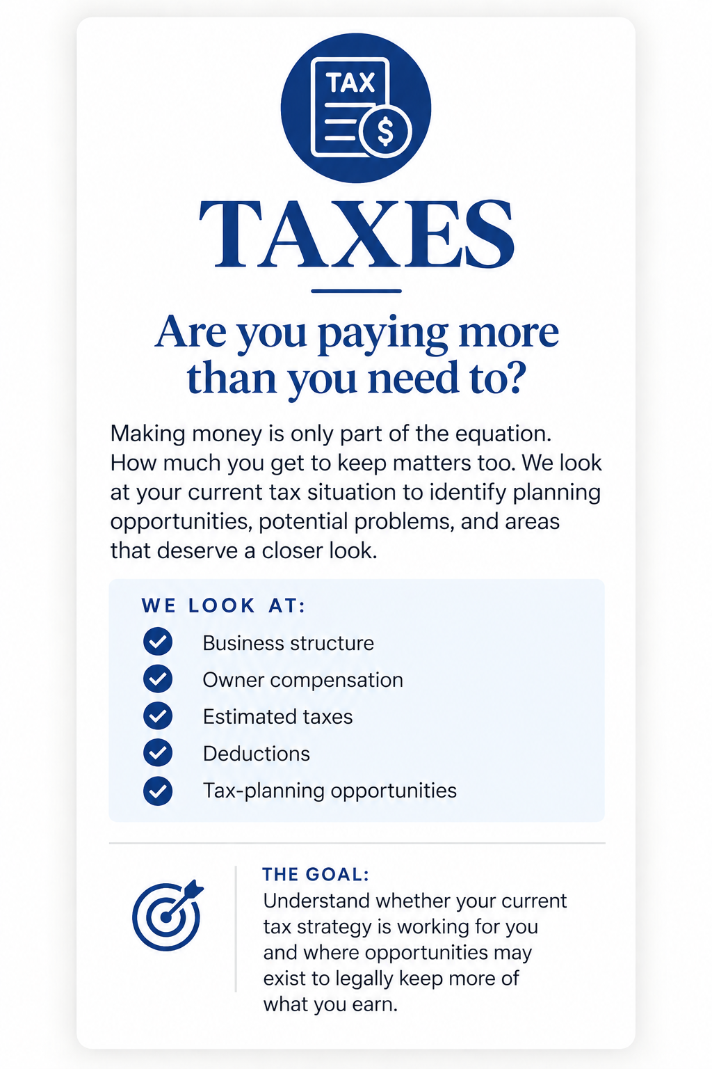 Tax strategy review for HVAC, plumbing, and electrical business owners reviewing business structure, owner compensation, estimated taxes, deductions, and tax-planning opportunities.
