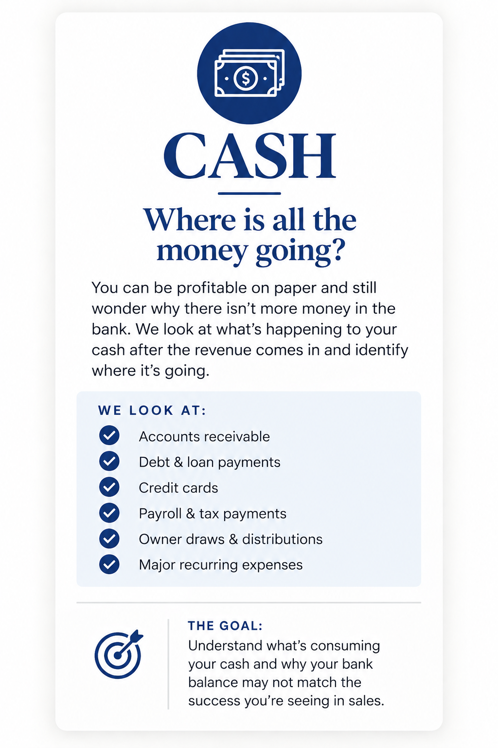 Cash flow analysis for HVAC, plumbing, and electrical business owners reviewing accounts receivable, debt, payroll, taxes, owner distributions, and expenses to understand where their money is going.