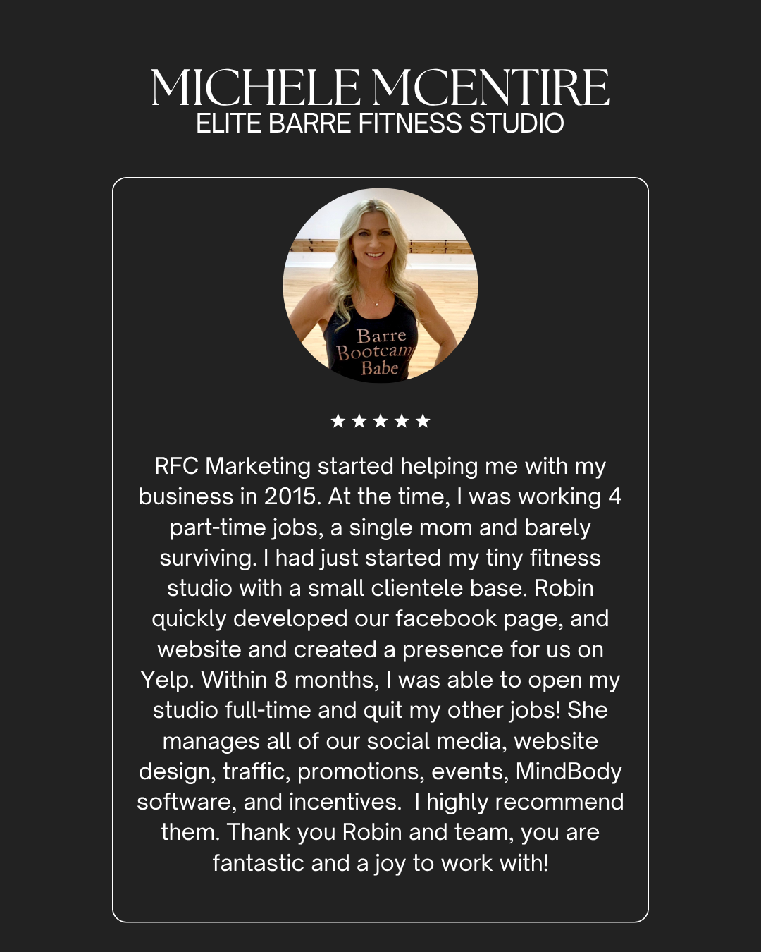 Testimonial card for Michele McEntire at Elite Barre Fitness Studio, with a photo of Michele smiling in a workout studio, and a detailed review about her successful business journey and team management.