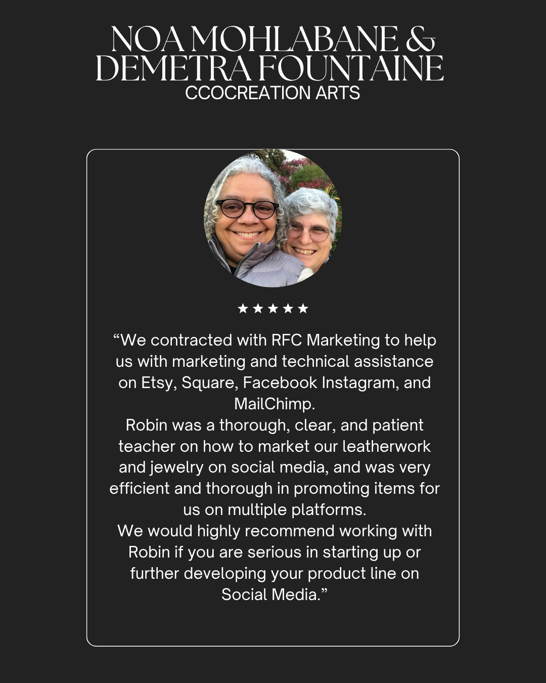 Testimonial page with photo of two women smiling, five stars, and a quote about working with RFC Marketing for social media marketing and technical assistance.