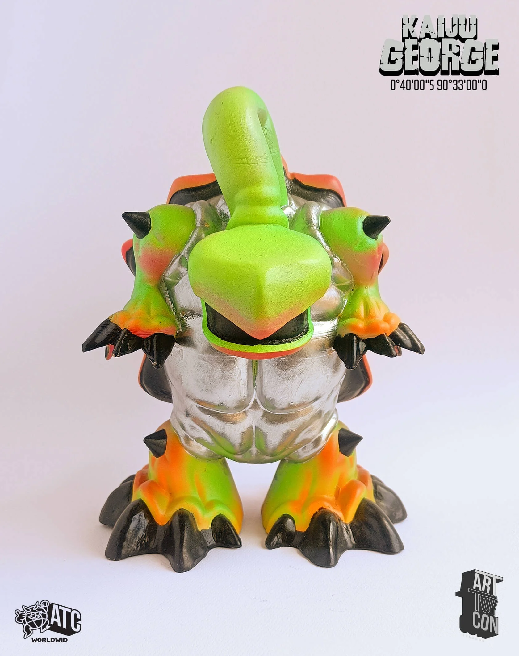 Professional art toy maker presents a custom action figure. This designer toy is a diy platform with a lowbrow neon silver finish and hand painted detail.