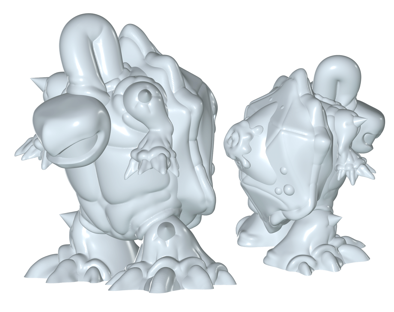 Detailed 3D model perspective of a custom kaiju character, designed with a signature lowbrow aesthetic. As an experienced art toy maker, I provide a comprehensive workflow that includes character design and high fidelity 3D sculpting, specifically en