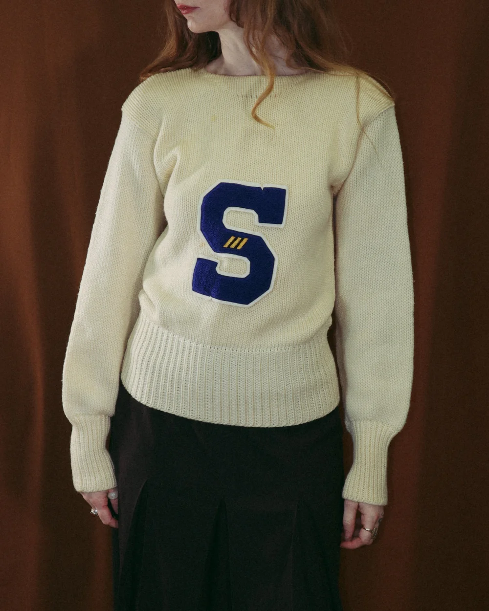 1950s 1960s ivory letterman knit cheerleader sweater