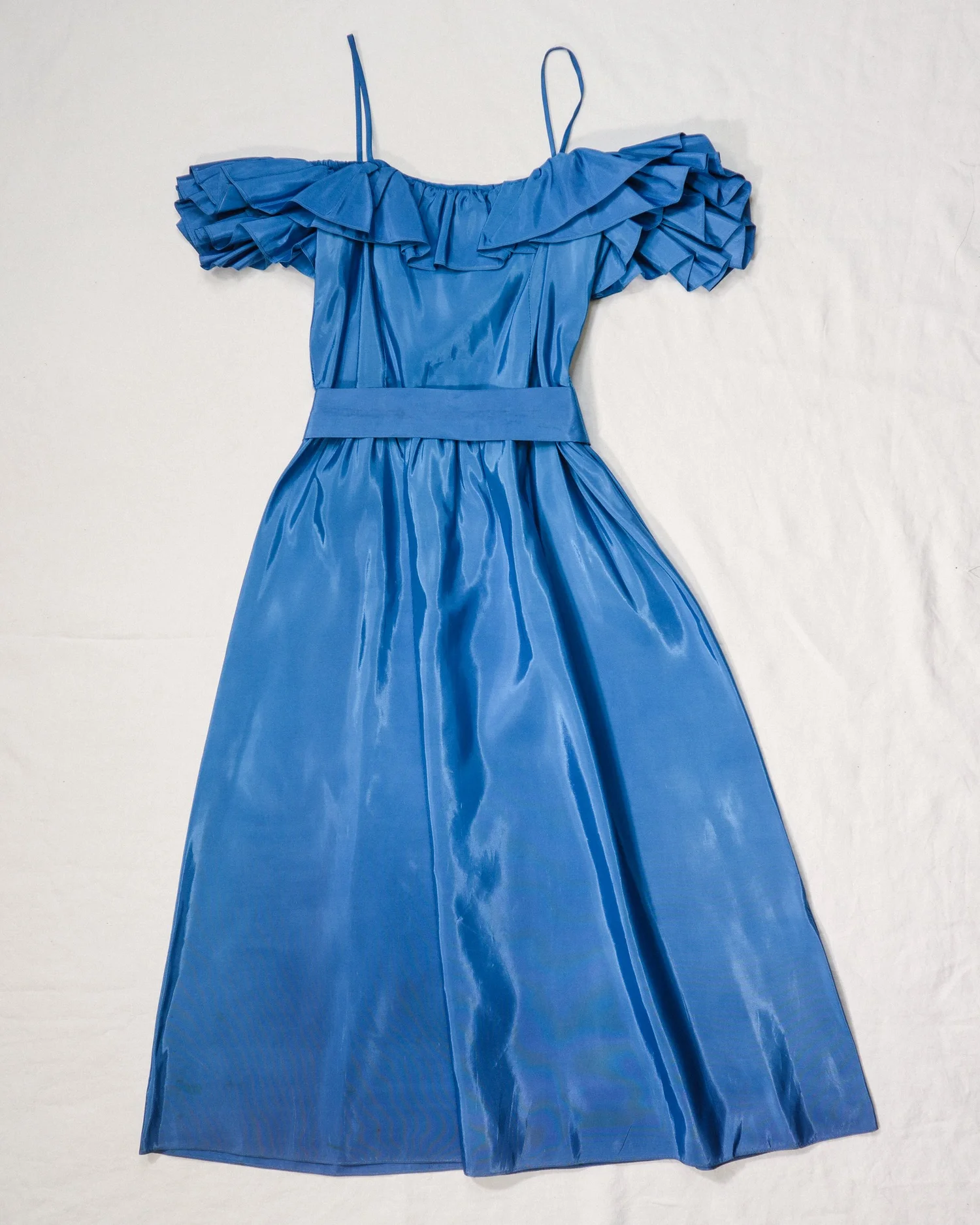 1970s blue taffeta ruffle prom dress  Standing Ovation