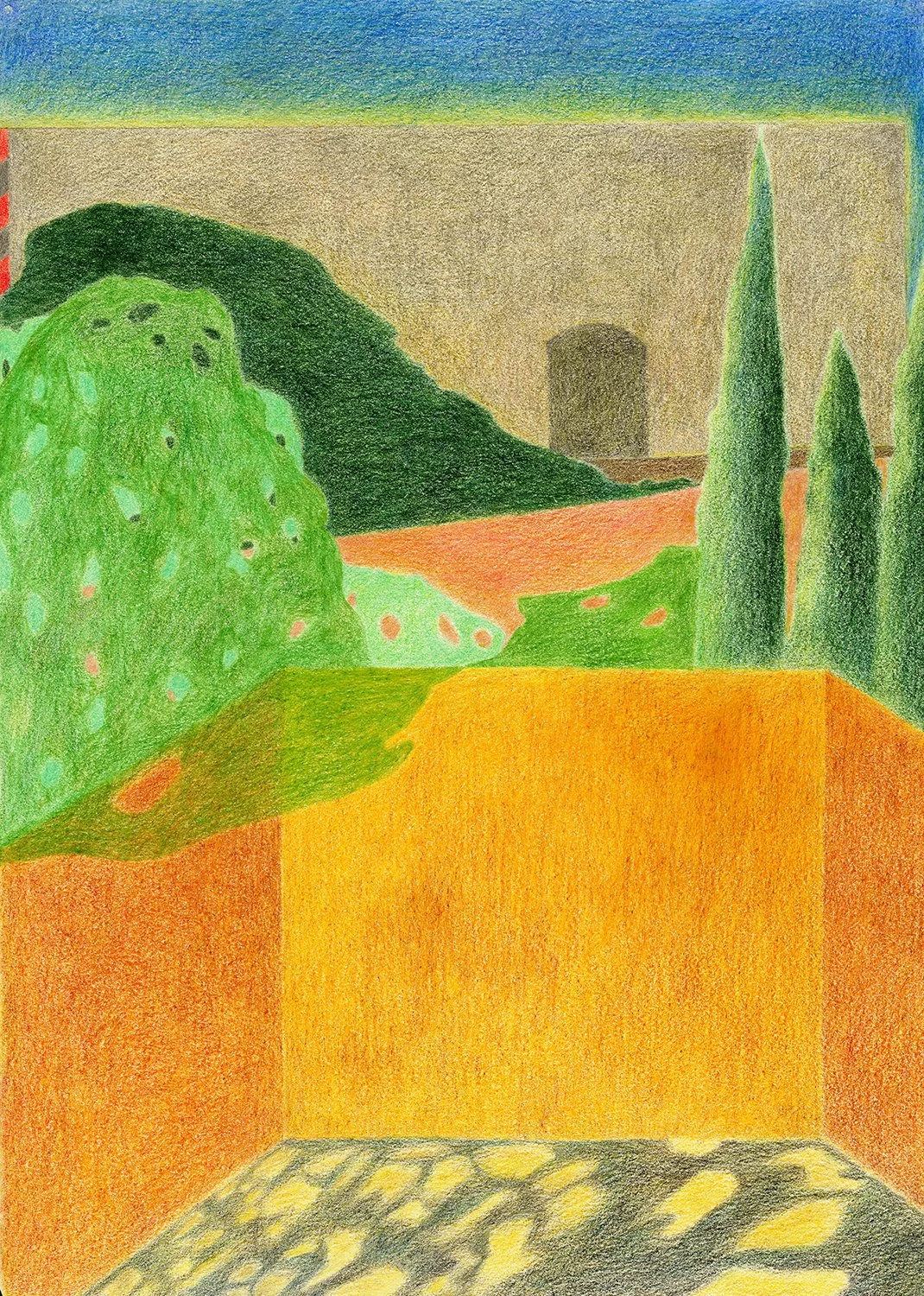 Garden Scene 1 (2025), colored pencil on paper, 13.5X9.5"