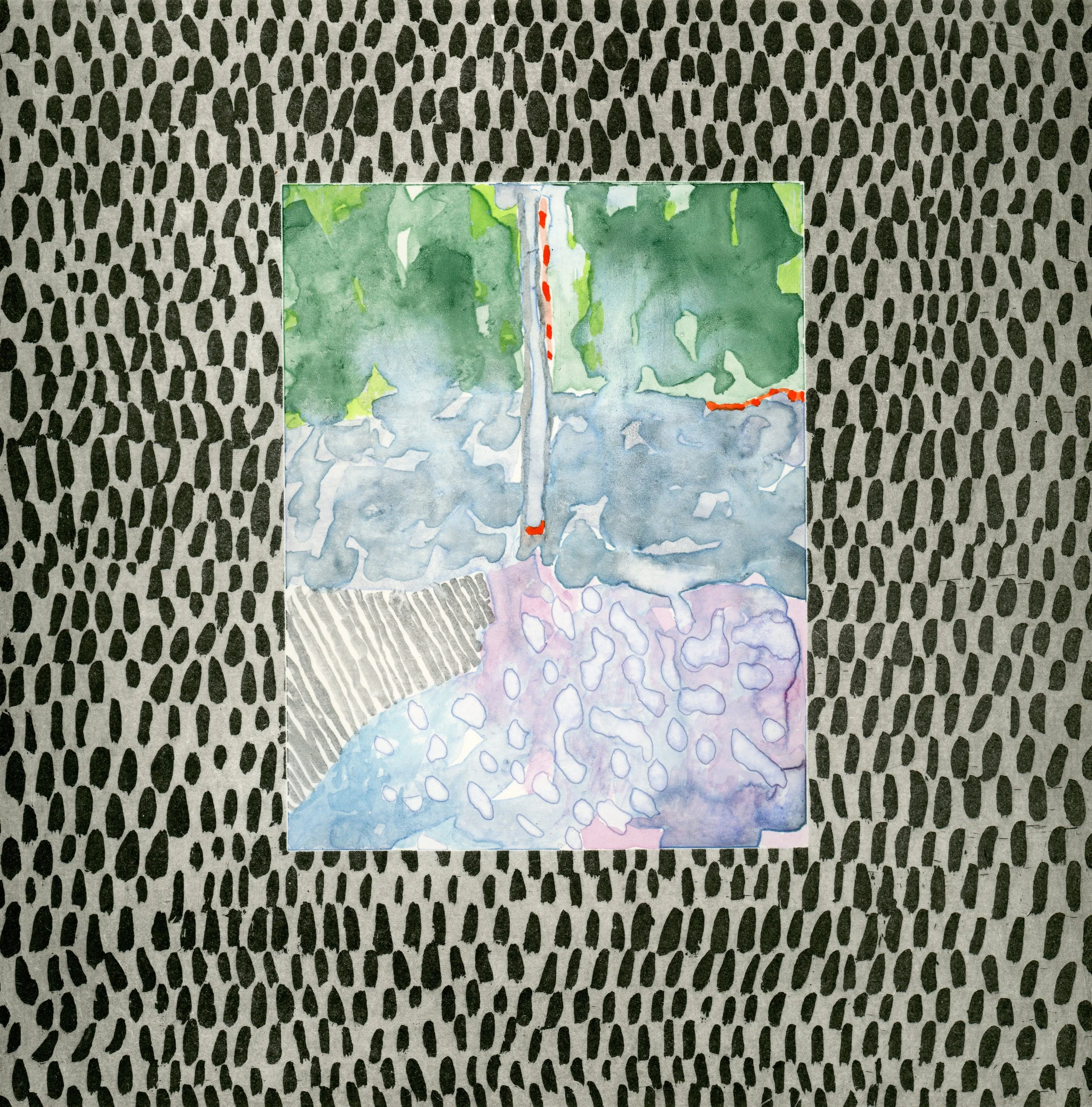 Water Street Window 1 (2025), sugar lift aquatint and water-soluble monotype, 13X12.5"