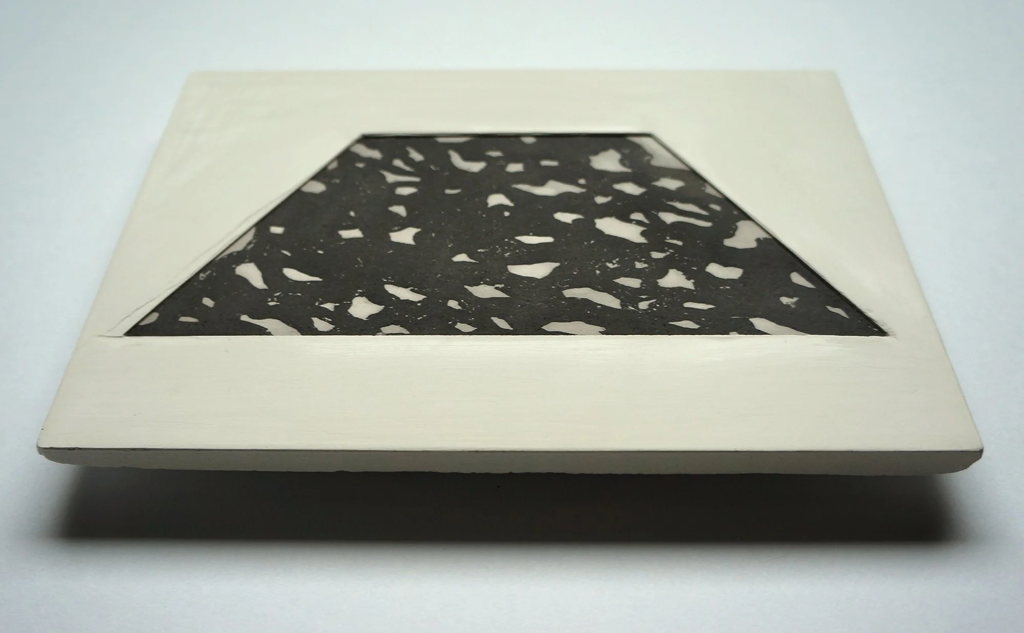 (Detail) Sugar Lift Trapezoid (Plaster) (2025), sugar lift aquatint on plaster, 9X12X.75"