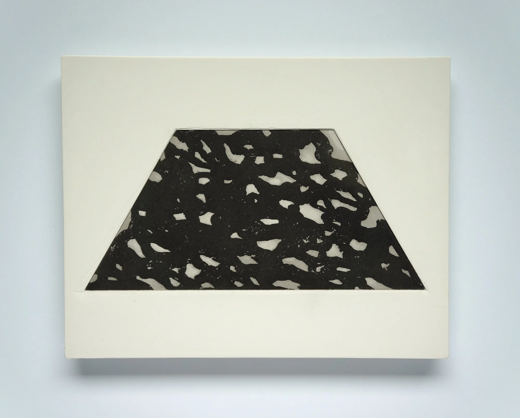 Sugar Lift Trapezoid (Plaster) (2025), sugar lift aquatint on plaster, 9X12X.75"