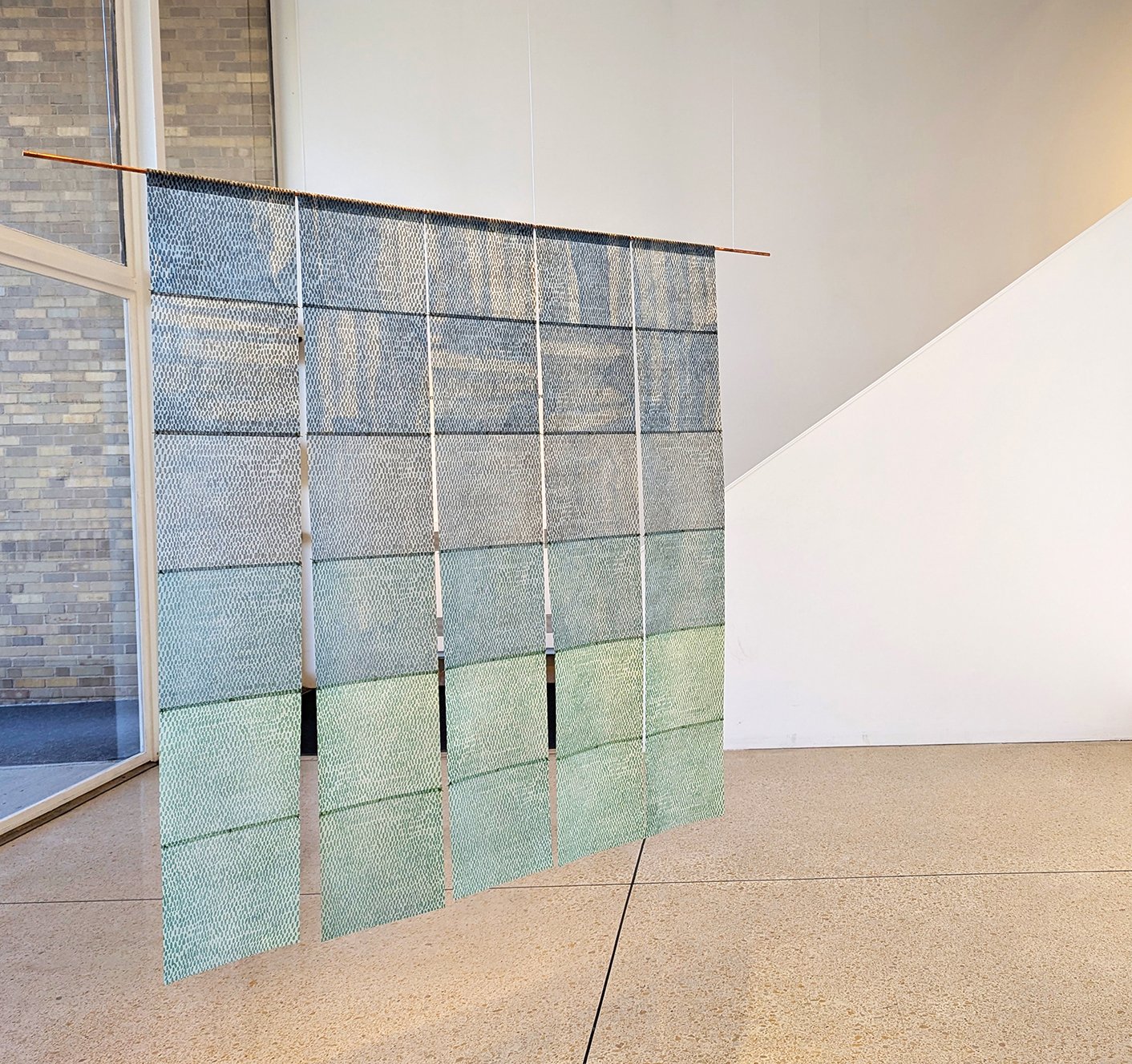 6, 7, 8 (Leaf Screen), sugar lift aquatint on dyed, waxed, and hand-perforated Kitakata, copper rod, waxed thread, 48X40"