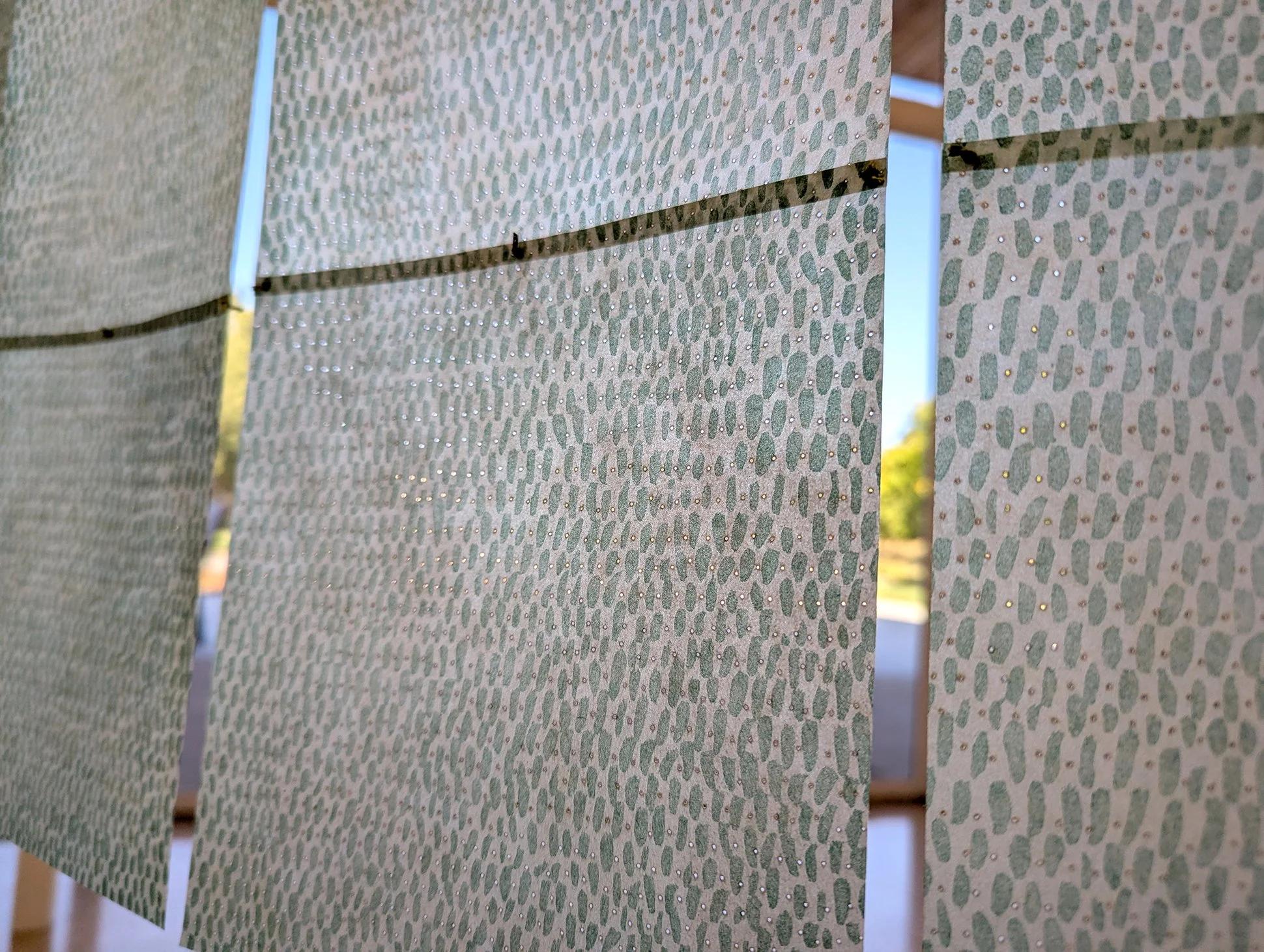 (Detail) 6, 7, 8 (Leaf Screen), sugar lift aquatint on dyed, waxed, and hand-perforated Kitakata, copper rod, waxed thread, 48X40"