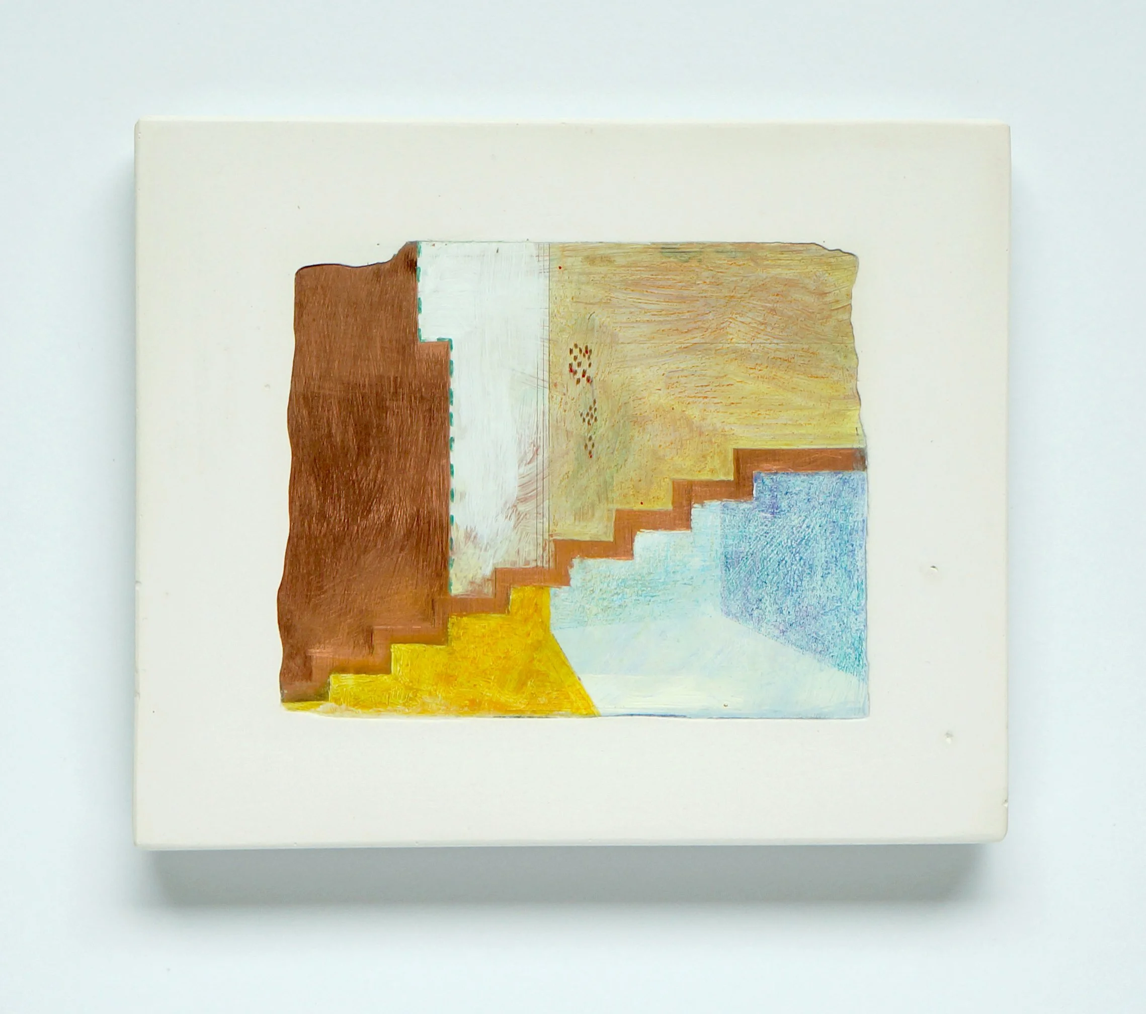 Copper Painting 3 (2025), mixed media on copper in plaster, 5.5X8.5X.75"