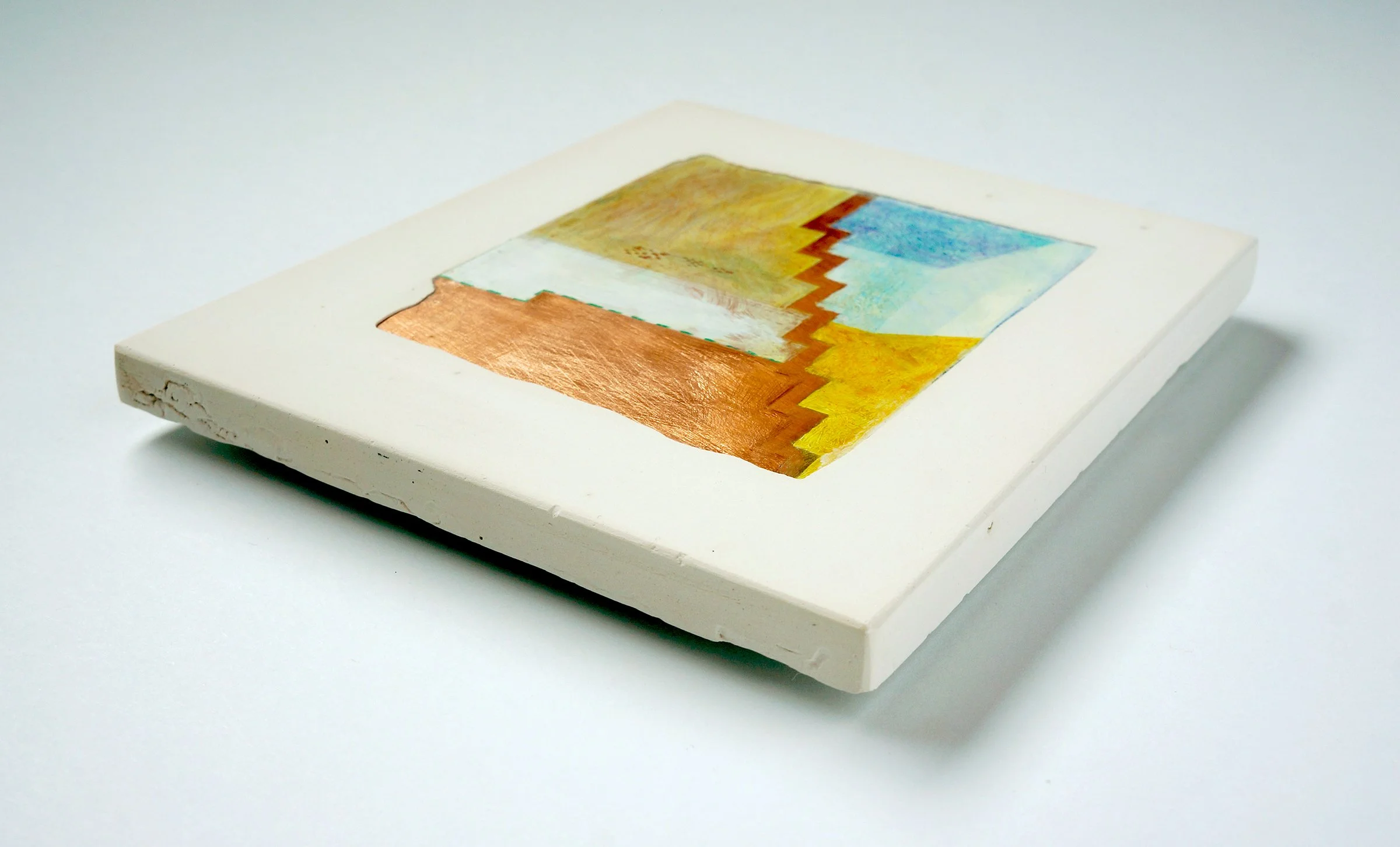 (Detail) Copper Painting 3 (2025), mixed media on copper in plaster, 5.5X8.5X.75"