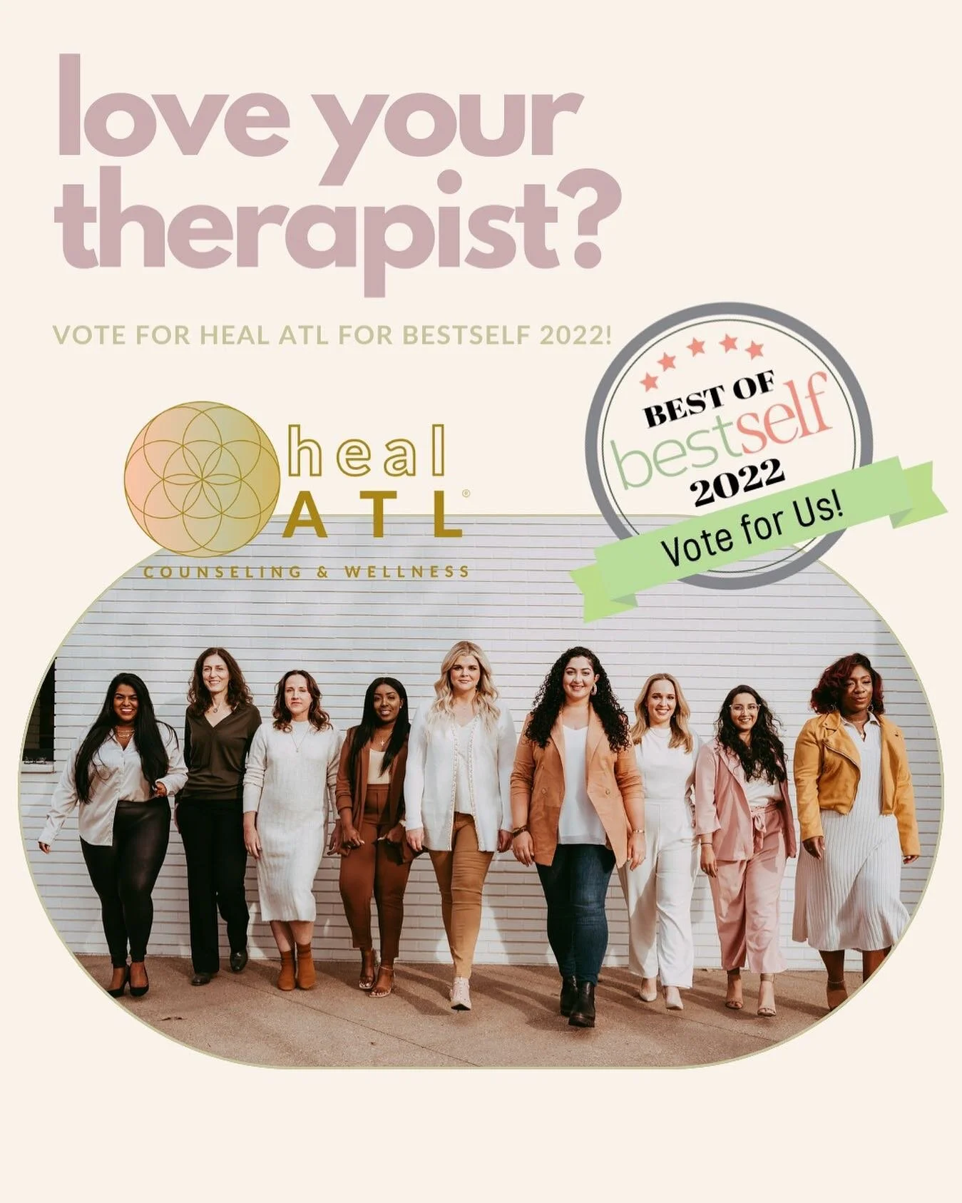 I love my clients and working for @healatl! One of the best work environments I have ever experienced and it shows in my work with clients. 
We were nominated for the 3rd time in ATL’s Best Self 2022. Please vote for us to show the love. 
How