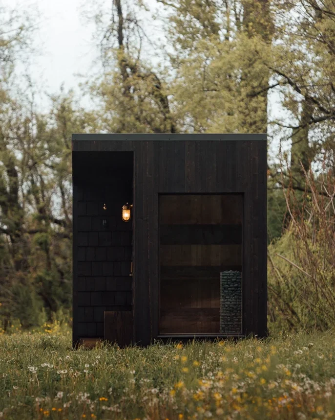 Small black modern cabin in a grassy field with wildflowers, surrounded by trees.