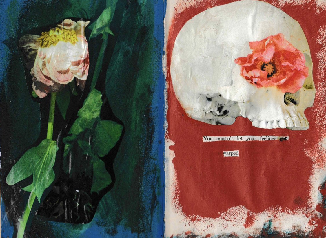 "you mustn't let your feeling get warped" - vintage book, magazine clippings, acrylic paint, water color paint, sharpie, mod podge