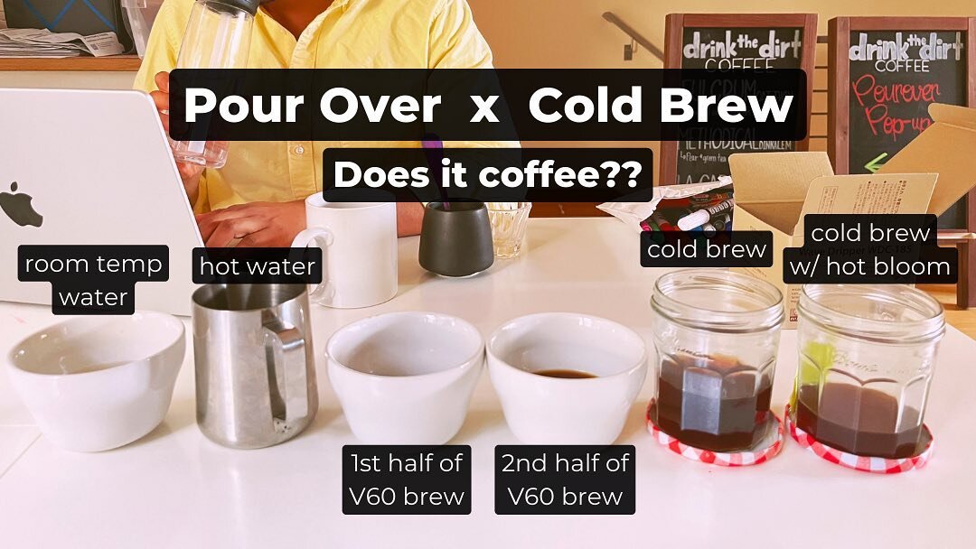 EXPERIMENT TIME We're hard at play (I mean work...) testing a weird theory - does mixing a pour over brew and a cold brew of the same coffee produce a better cup? To test, we played a game: mix and match between different parts of a pour over brew, a