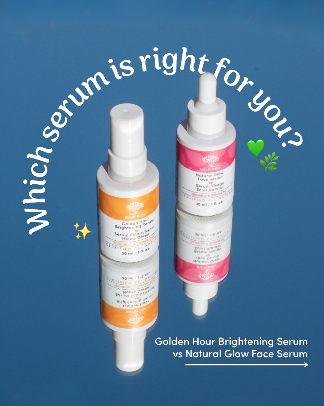 Comparison graphic asking which serum is right for you, featuring two face serums, for a skincare client.