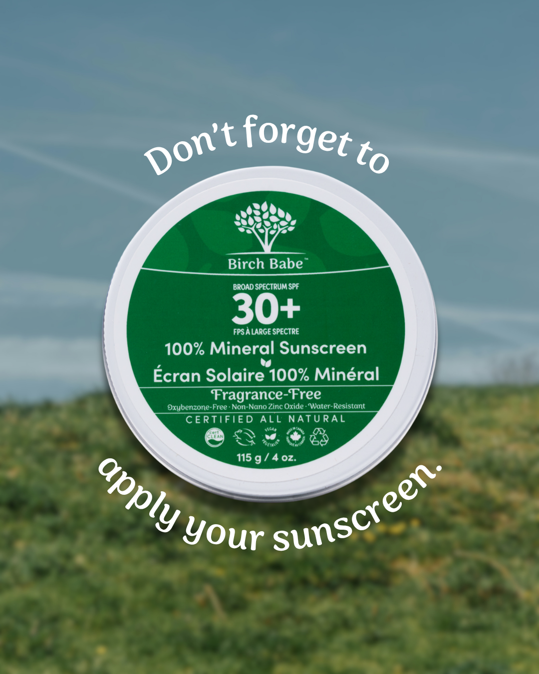 Mineral sunscreen SPF 30+ with a reminder to apply sunscreen, styled for a skincare client's content.