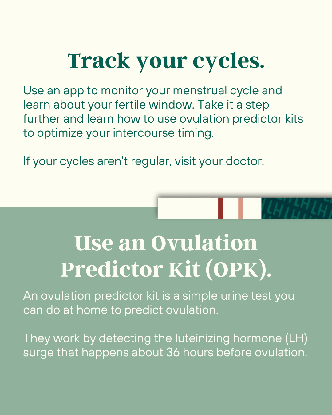 Guide to tracking menstrual cycles and using ovulation predictor kits to detect the LH surge, for a fertility client.