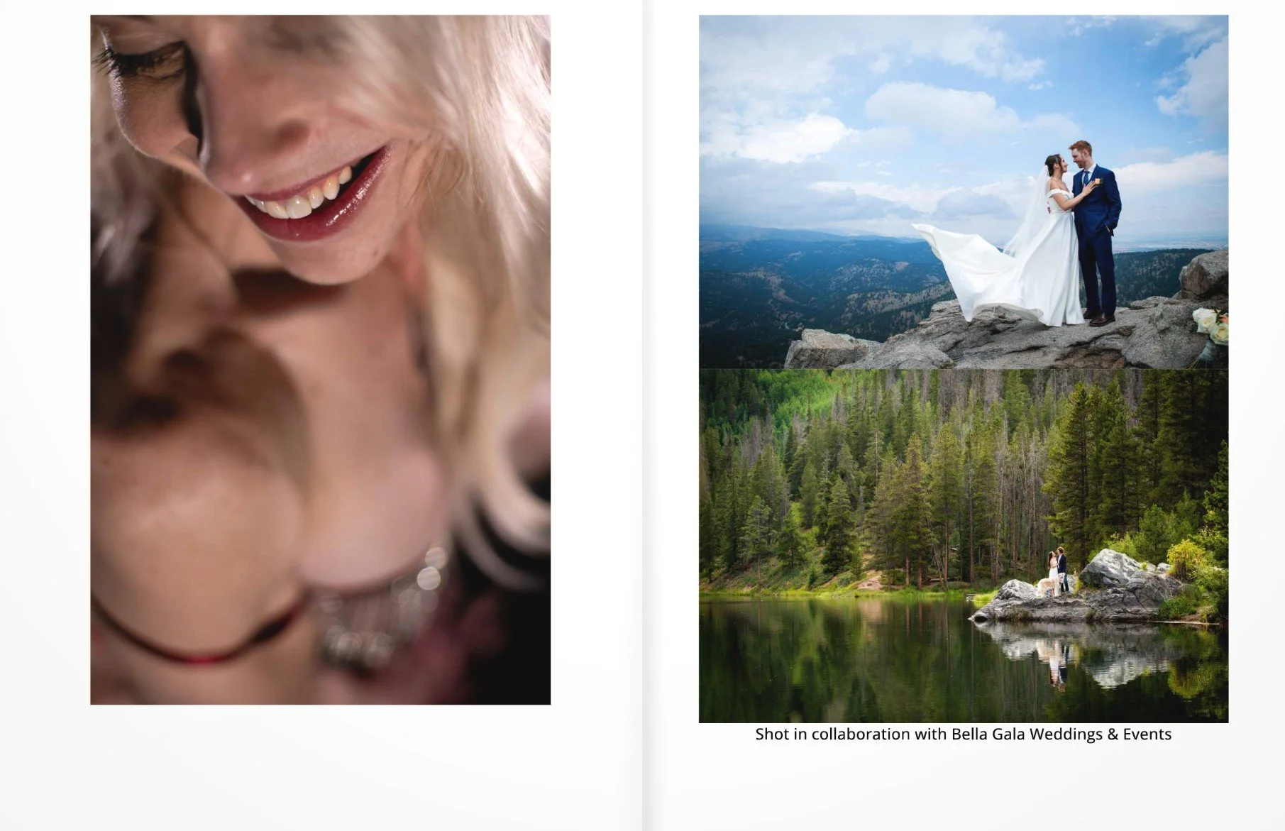 A three picture magazine spread. One image is a close-up of a woman's smile during a boudoir session,  another image is a scenic wedding photo of a couple at Lost Gulch overlook, another image is a landscape of a couple at Officer's Gulch in Colorado