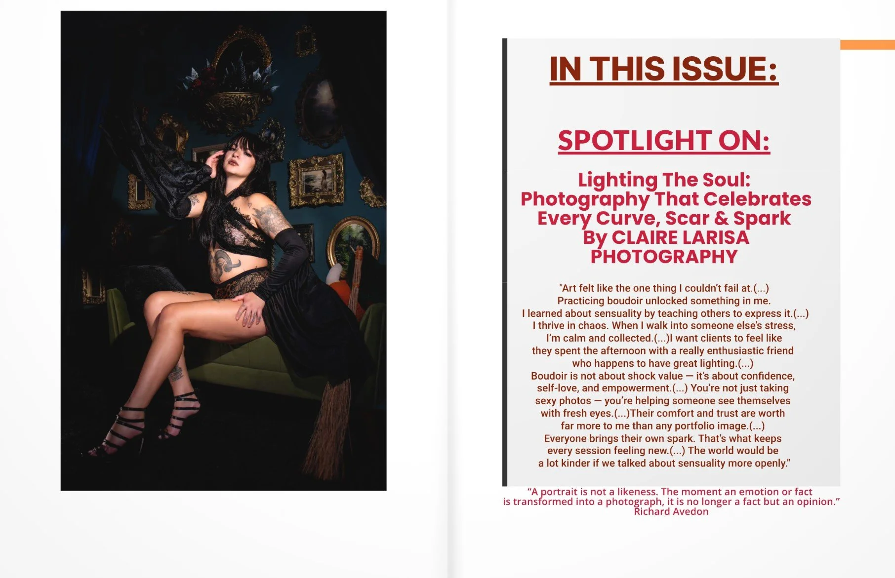 A woman with long black hair, tattoos, and lace lingerie sitting on a green couch in an ornate room decorated with various framed pictures and a large mirror.